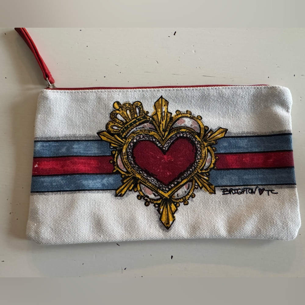 Brighton White Canvas Pouch with Gold Crest and Red Trim NEW